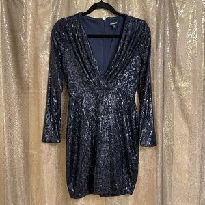 Express Navy Blue‎ Long Sleeve Sequin Surplice Style Mini Dress, XS
